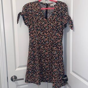 LOFT Black Floral Tie-Sleeve Dress